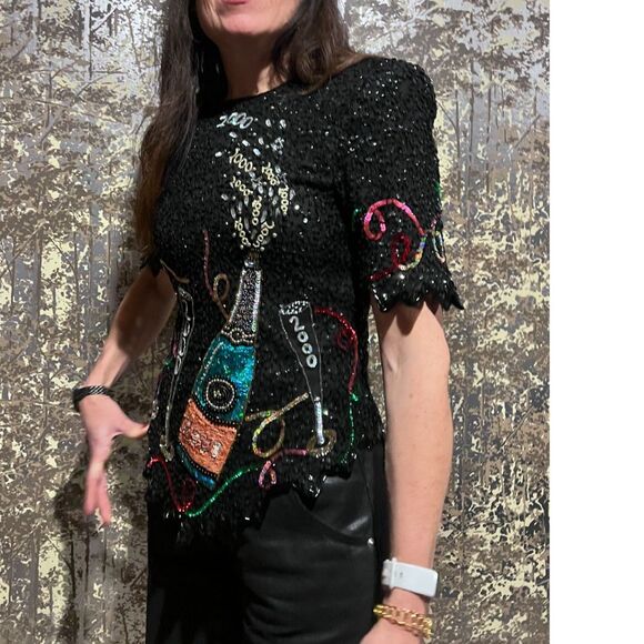 VTG Sz L Lawrence Kazar Silk Sequined New Years 2000 top shoulder pads y2k - Picture 16 of 16